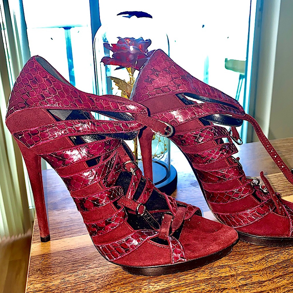 Balenciaga burgundy Python & suede cage Heels